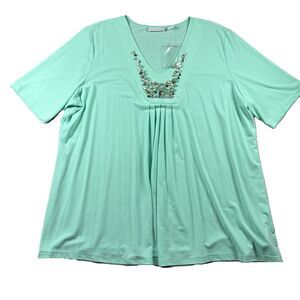 Susan Graver Liquid Knit V-Neck Top NWOT Beaded Metallic Stones Aqua XL J115